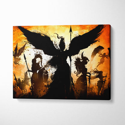 Orange and black canvas print featuring a dramatic silhouette of an angelic warrior with wings and spear against a fiery sky