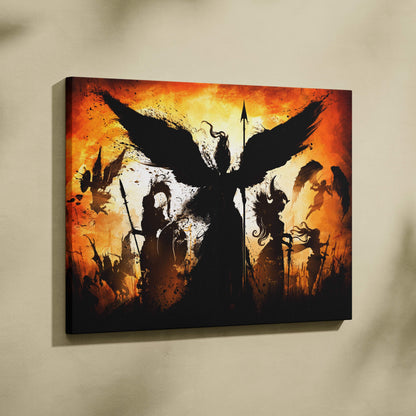 Epic angel vs demon battle canvas wall art with black silhouette angel and fiery orange red sky background