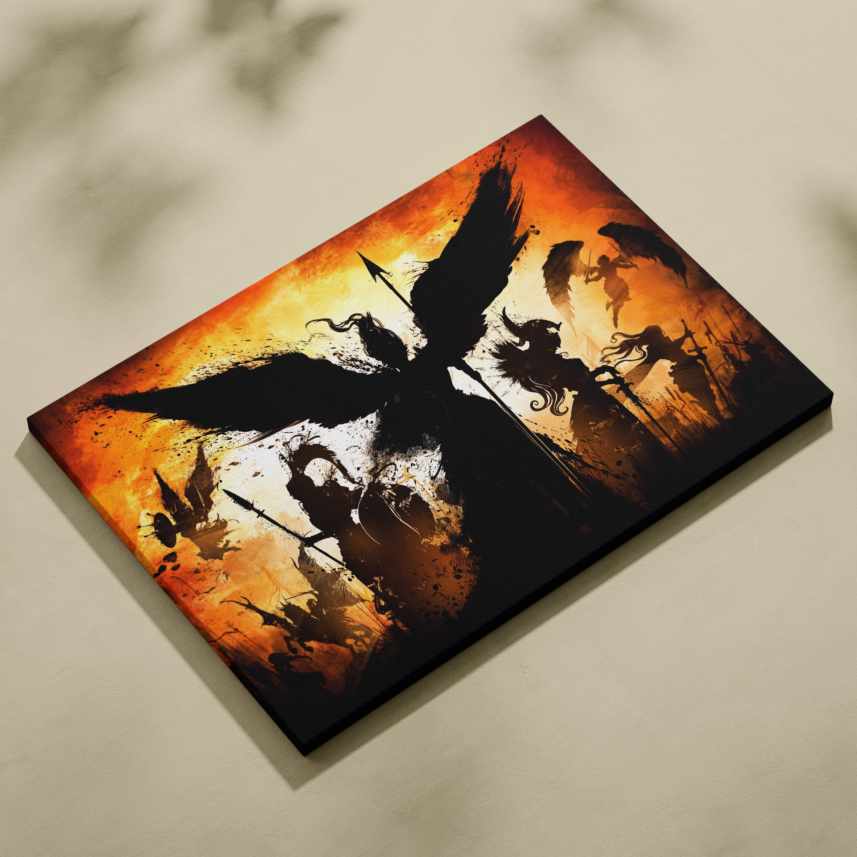 Rectangular canvas wall art featuring bold black silhouettes of winged figures against a fiery orange sky background