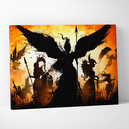 Black silhouette canvas print of winged warriors against fiery orange and yellow sky for gothic fantasy decor