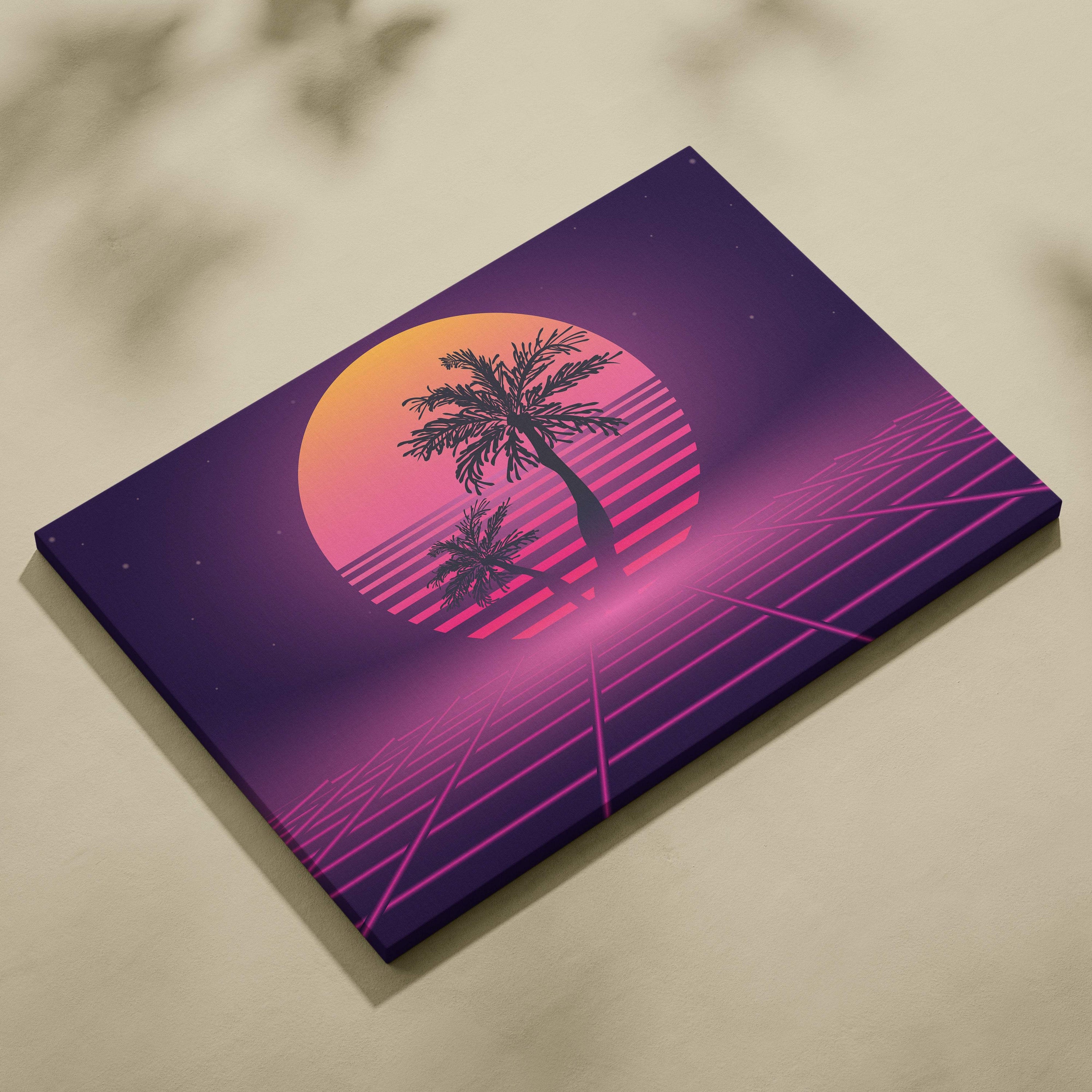 Retrowave palm tree grid canvas art print with a silhouetted palm tree and pink orange sunset on a purple synthwave background