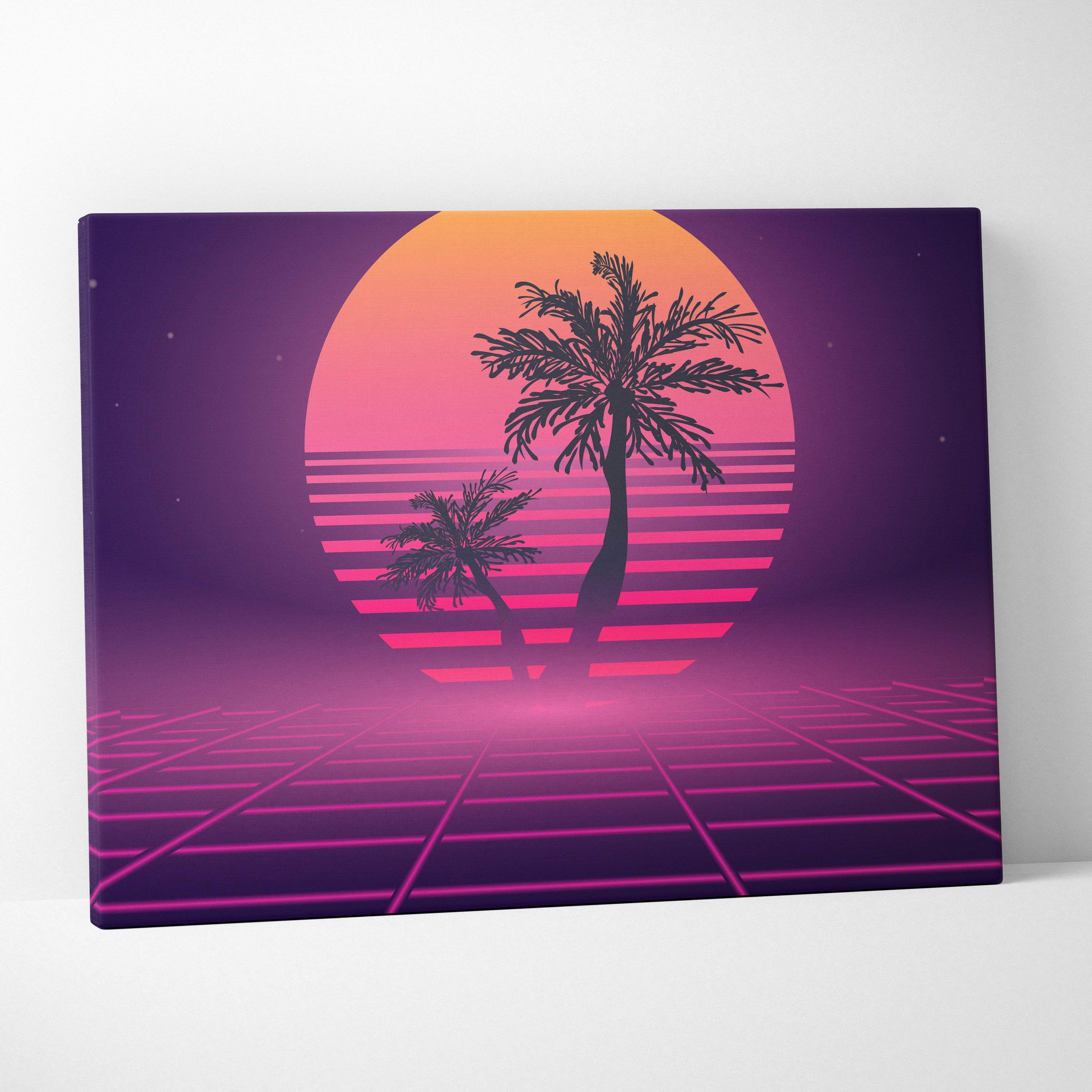 Retrowave palm tree grid canvas art print with neon 80s glow pink sunset vaporwave tropical horizon design