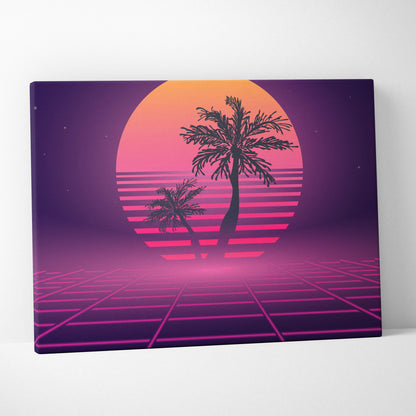 Retrowave palm tree grid canvas art print with neon 80s glow pink sunset vaporwave tropical horizon design