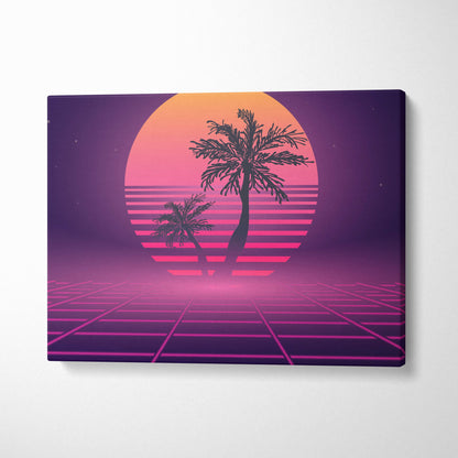 Retrowave palm tree grid canvas art print with neon 80s glow featuring silhouetted palms and pink purple sunset design