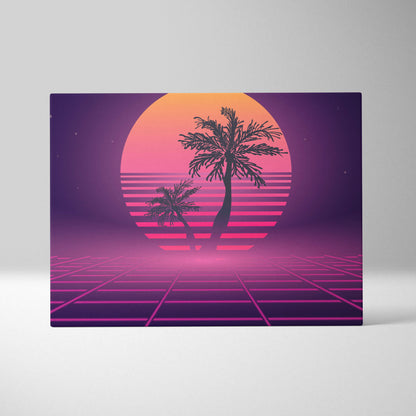 Retrowave palm tree grid canvas art print with glowing pink and purple sunset and neon 80s vaporwave palm silhouettes
