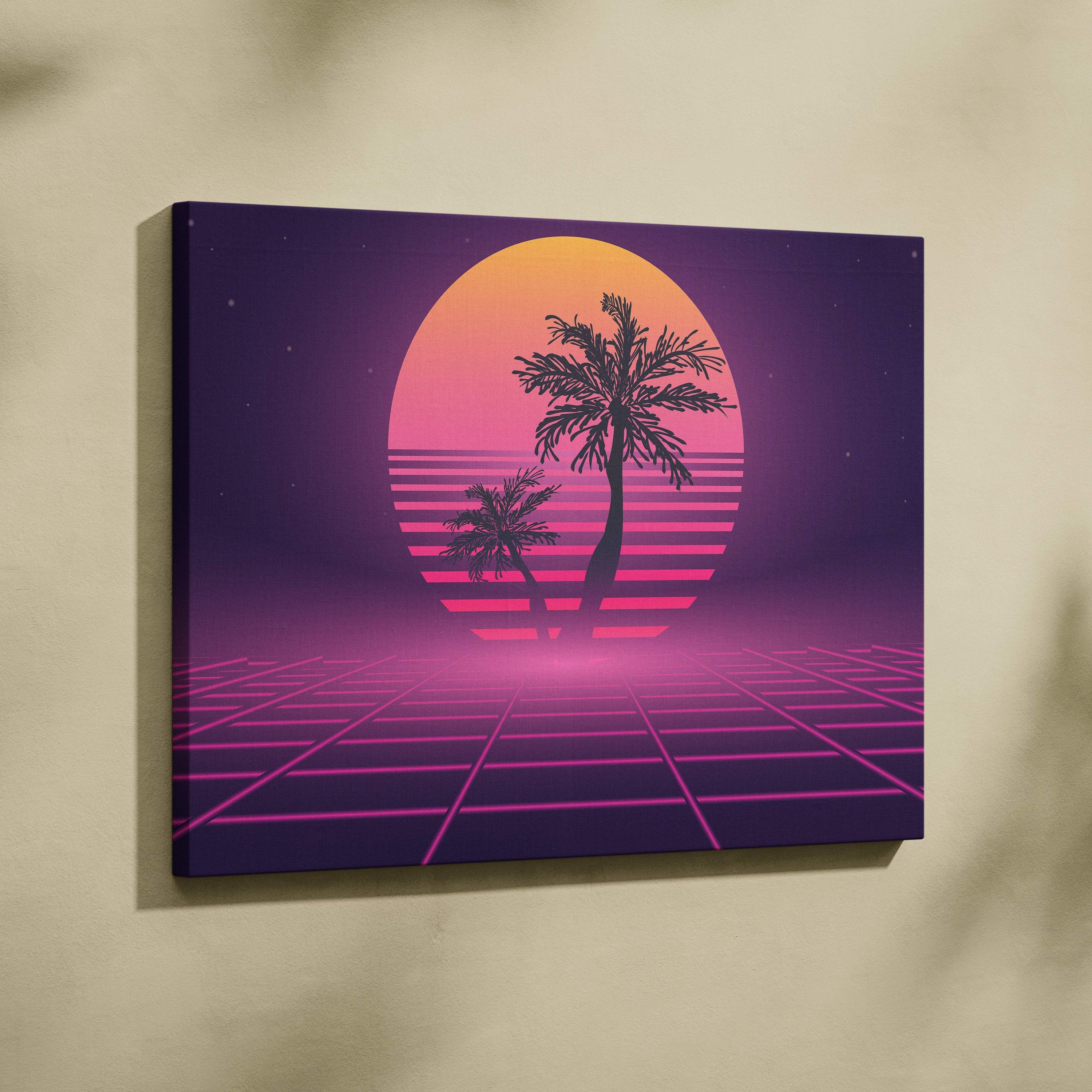 Retrowave palm tree grid canvas art print with neon pink and orange sun setting behind purple vaporwave horizon