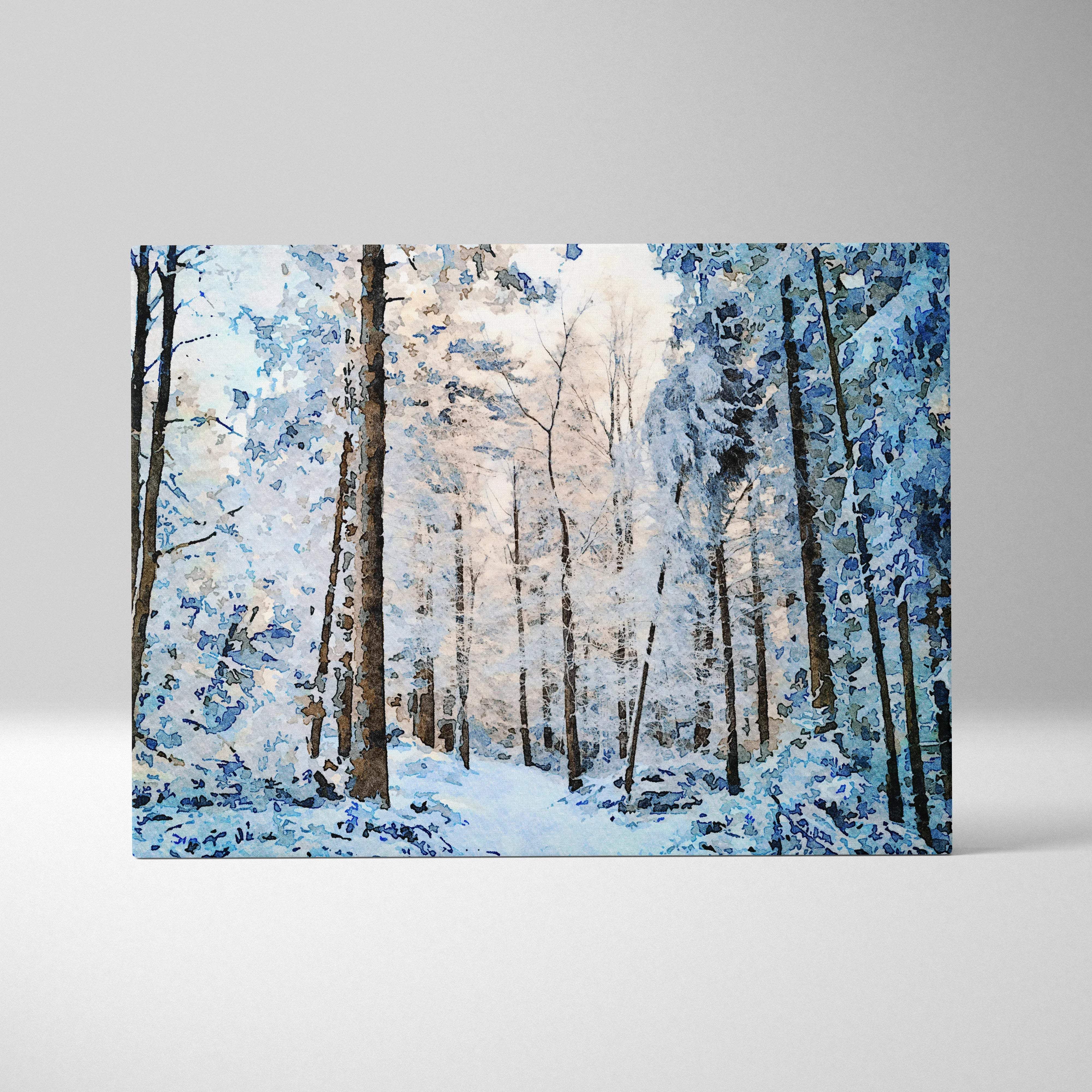 Watercolor snowy forest canvas art in cool blue tones with frosted trees
