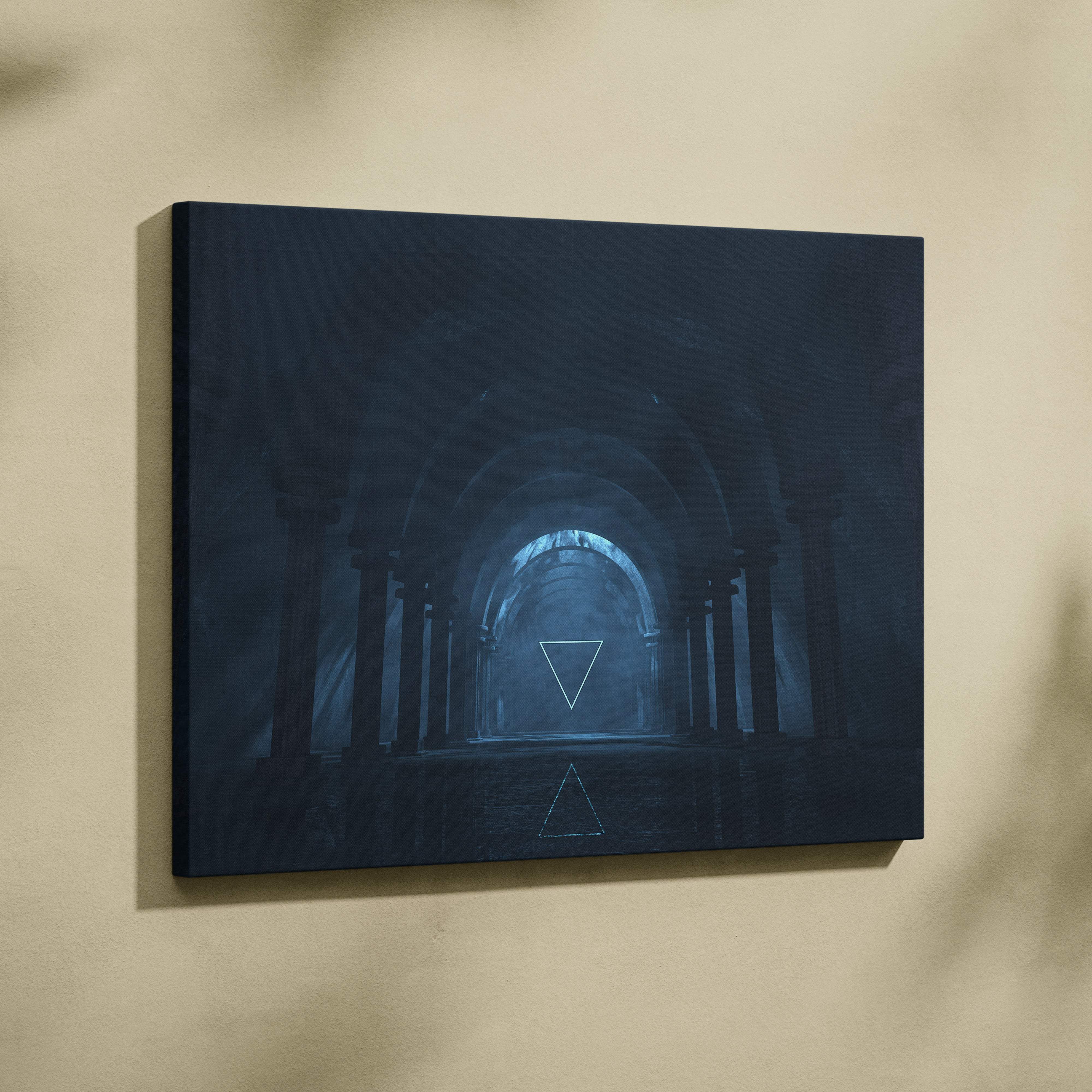 Dark blue canvas print of a misty arched corridor with glowing light and white triangles for moody bedroom decor