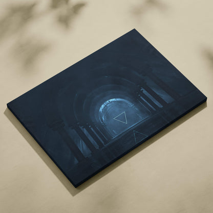 Dark gothic portal dark blue canvas wall art print with glowing tunnel and white triangular outlines for moody rooms