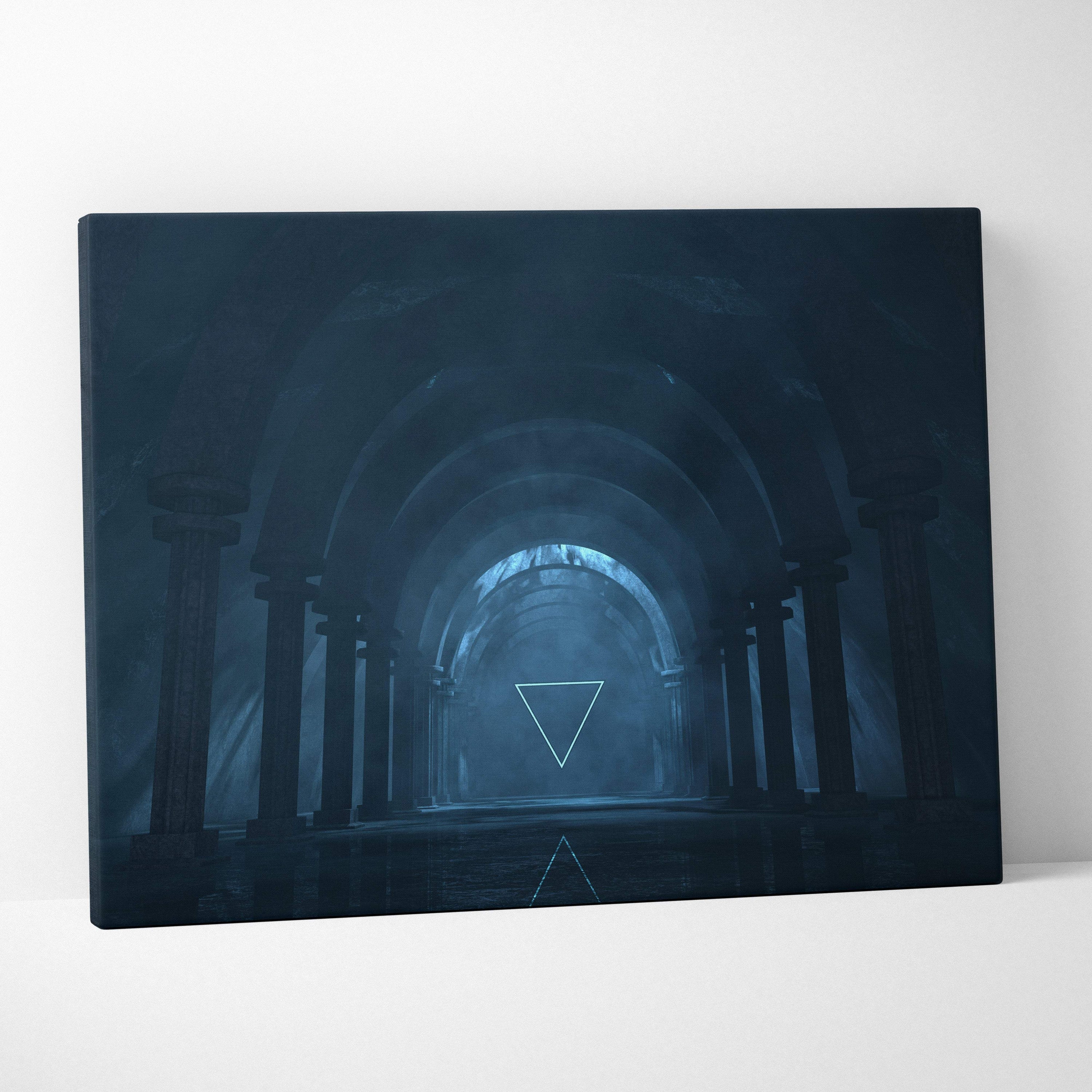 Dark blue canvas print featuring a misty arched tunnel with glowing white triangles for moody bedroom decor