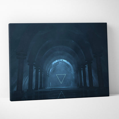 Dark blue canvas print featuring a misty arched tunnel with glowing white triangles for moody bedroom decor