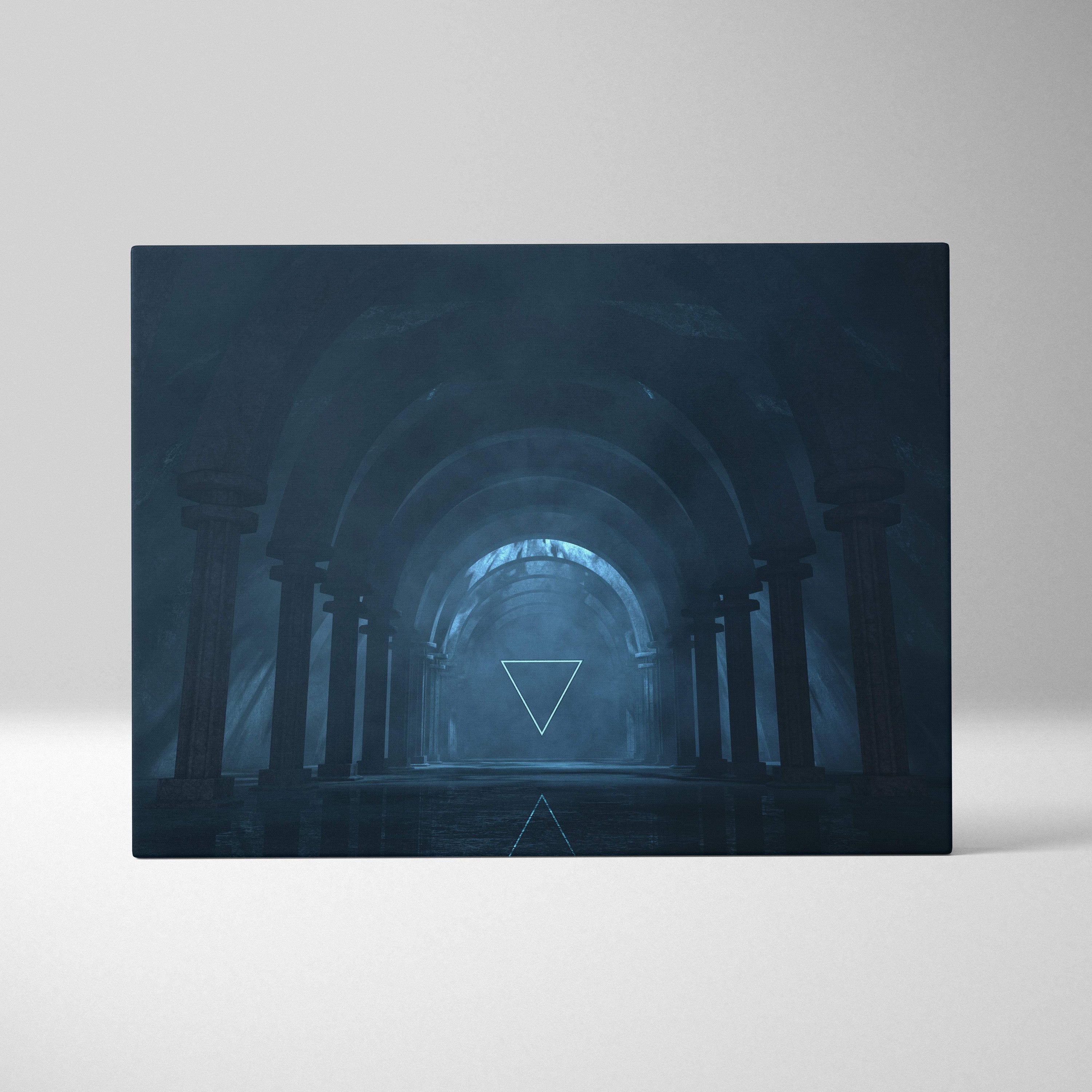 Dark blue rectangular canvas print of a misty arched tunnel with glowing white triangular outlines for moody rooms