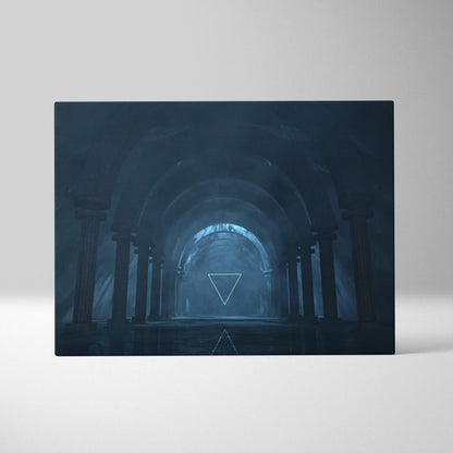 Dark blue rectangular canvas print of a misty arched tunnel with glowing white triangular outlines for moody rooms