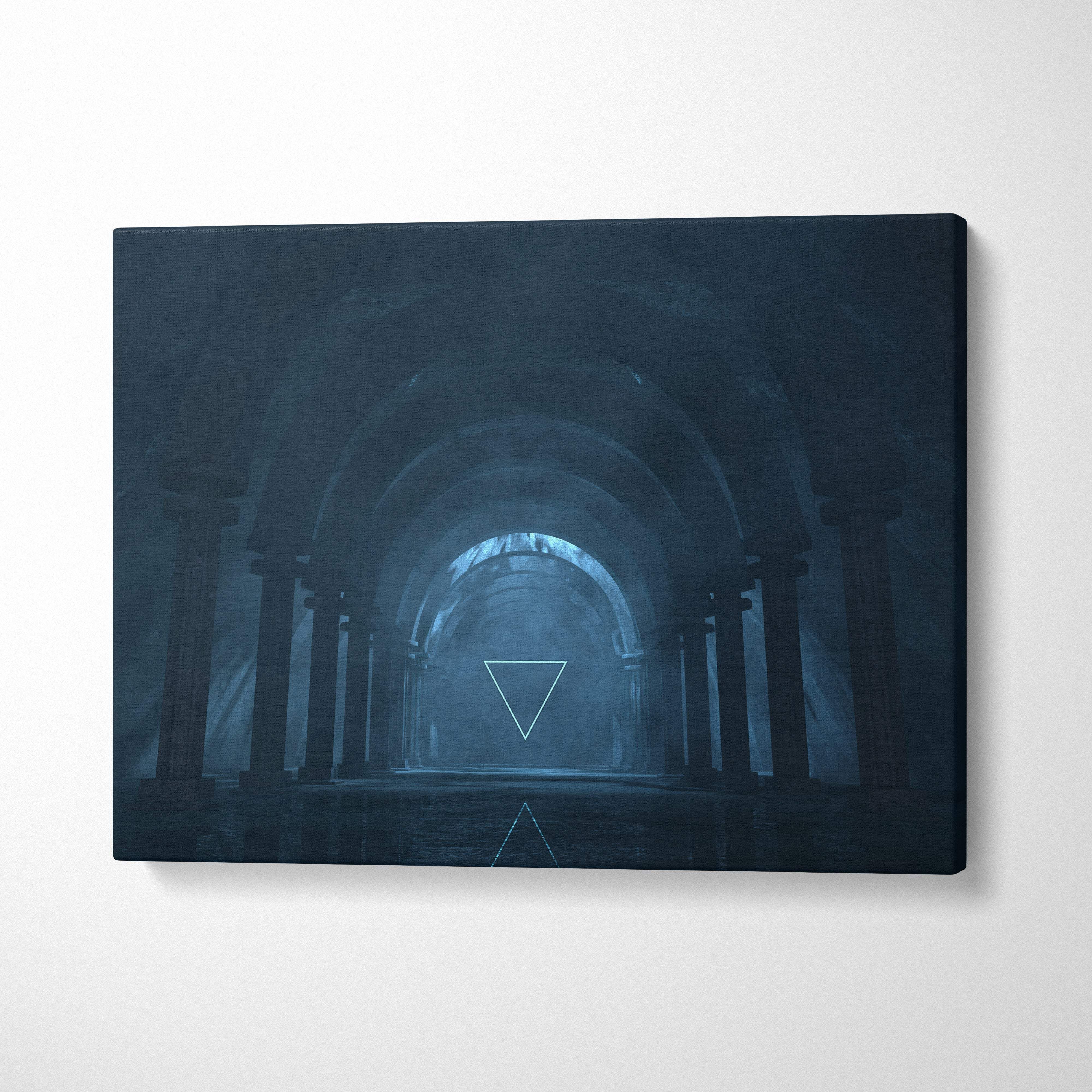 Dark blue canvas wall art print depicting a misty gothic portal with glowing white triangular archways for moody rooms