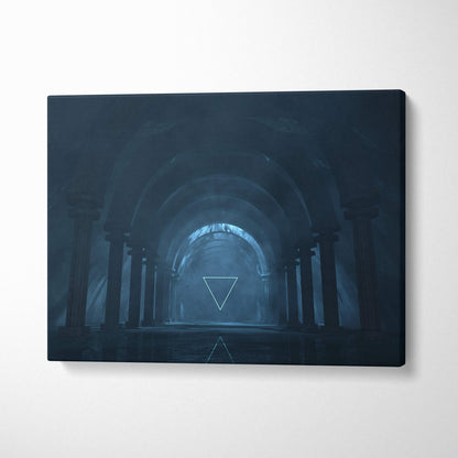 Dark blue canvas wall art print depicting a misty gothic portal with glowing white triangular archways for moody rooms