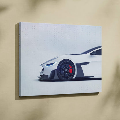 White canvas print featuring a sleek modern sports car with black accents and red brake calipers for luxury decor