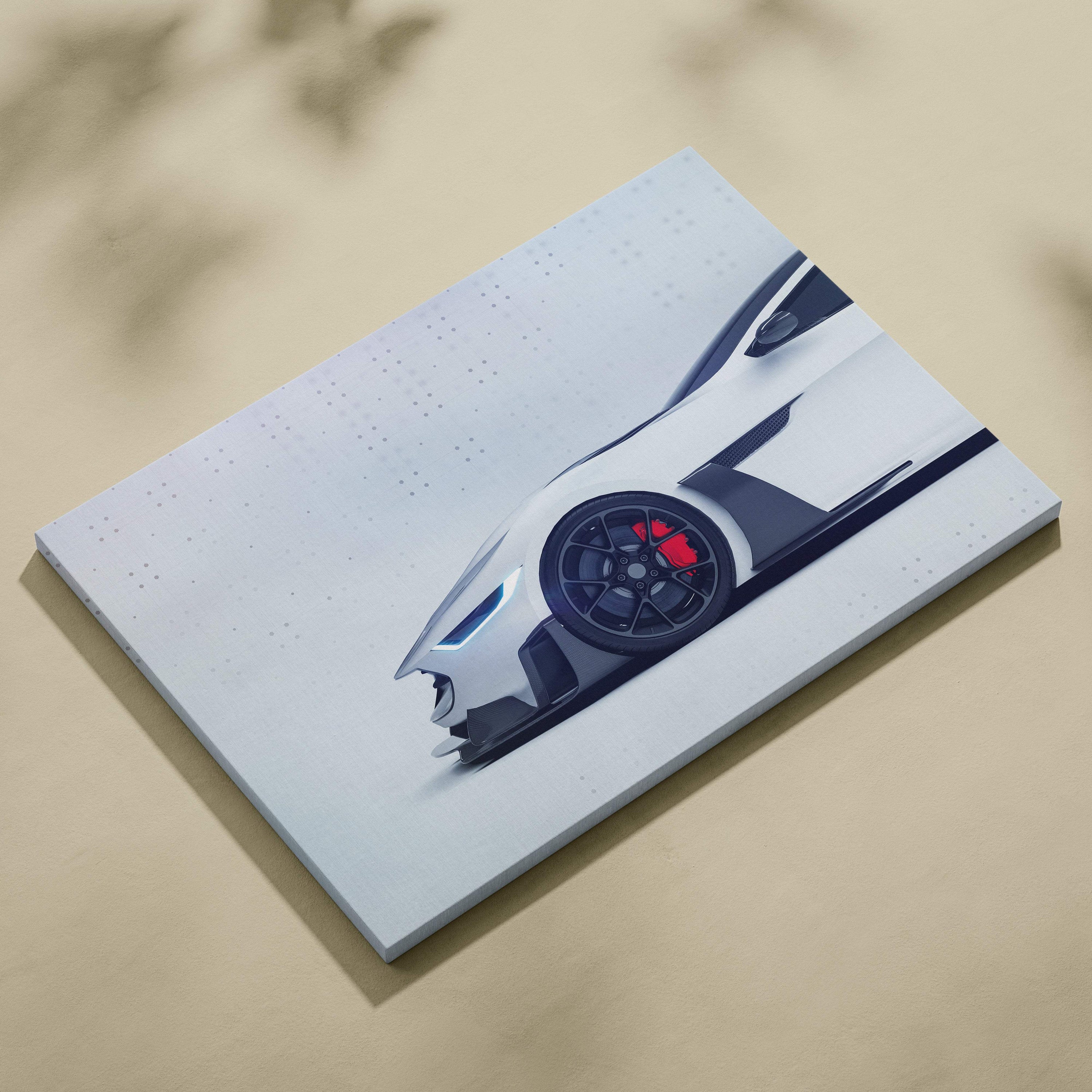 White futuristic supercar canvas wall art print featuring a sleek black and white lamborghini with red brake calipers