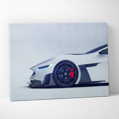 White futuristic supercar canvas wall art print with glowing blue headlights and red brake calipers for modern decor