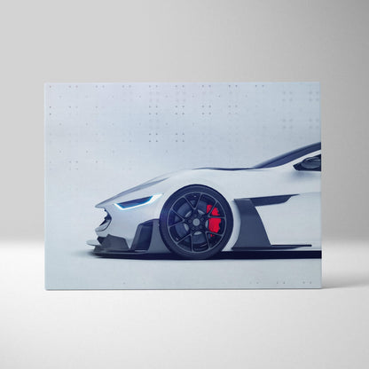 White futuristic supercar canvas wall art print featuring glowing blue headlights red brake calipers in sleek design