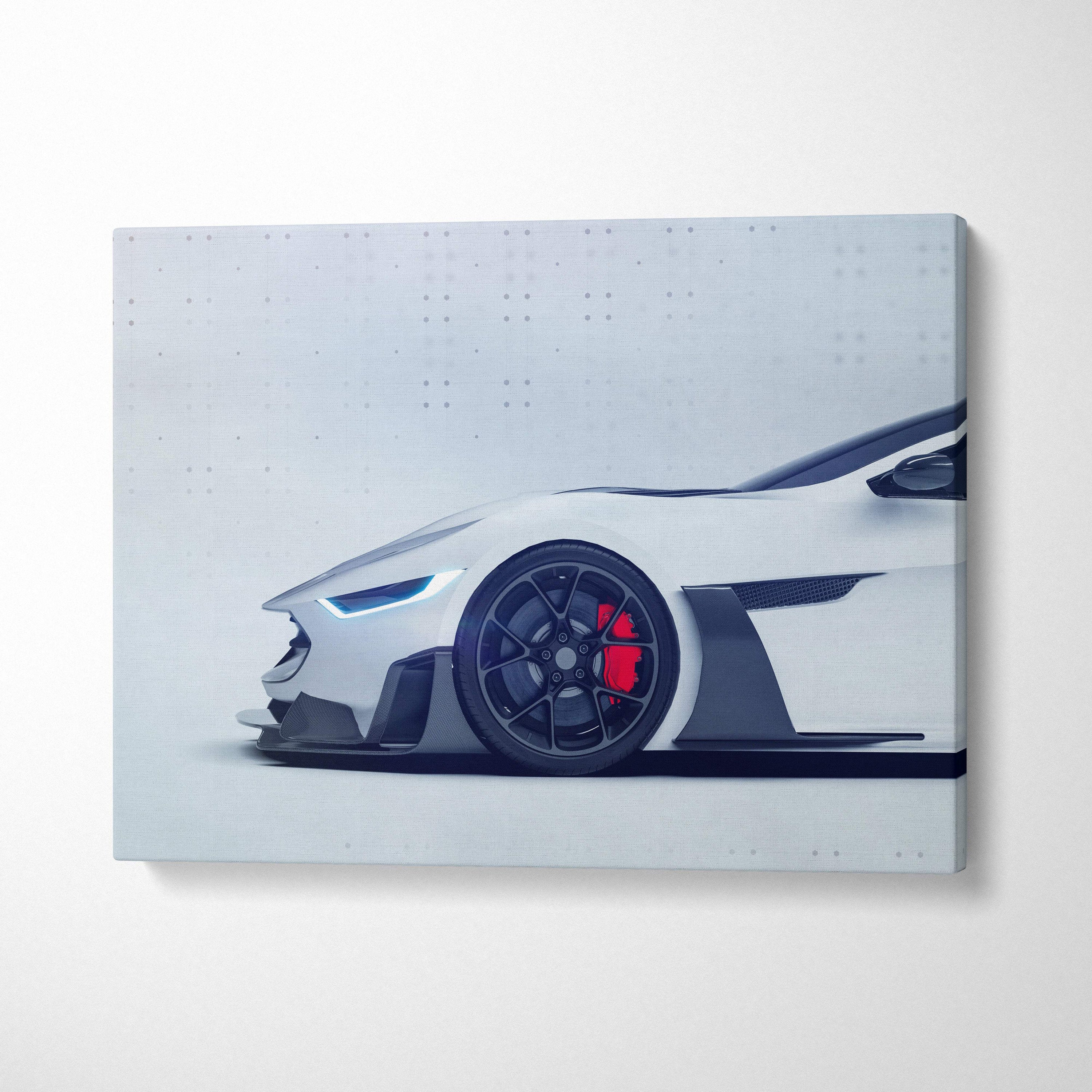 White futuristic supercar canvas print with glowing blue headlights and red brake calipers for automotive decor