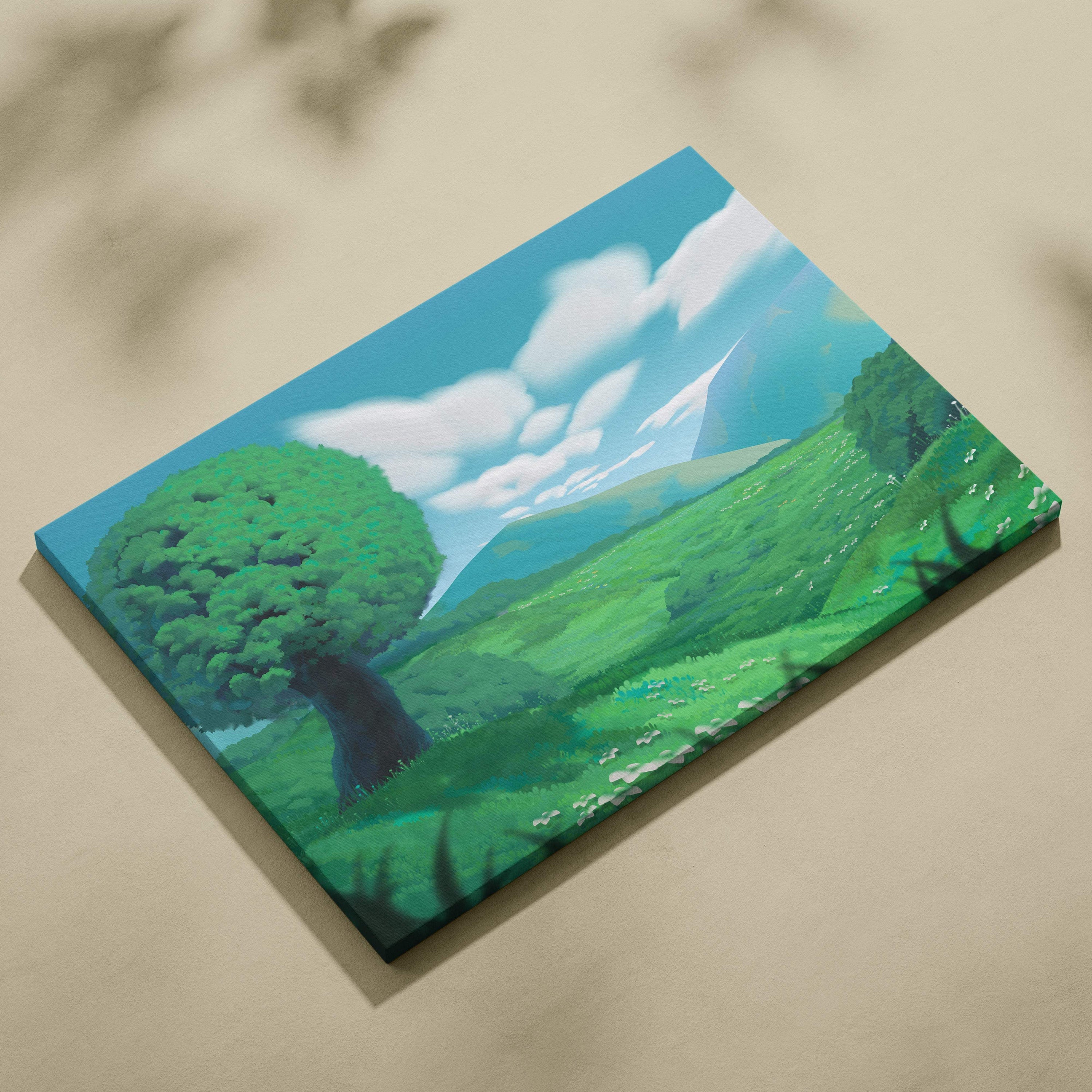 Green meadow tree canvas wall art print with vibrant stylized landscape of lush hills and bright blue sky for peaceful rooms
