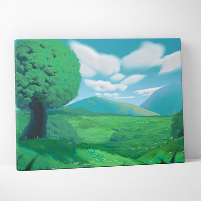 Green meadow tree canvas wall art print featuring vibrant stylized tree rolling hills and blue sky for peaceful decor