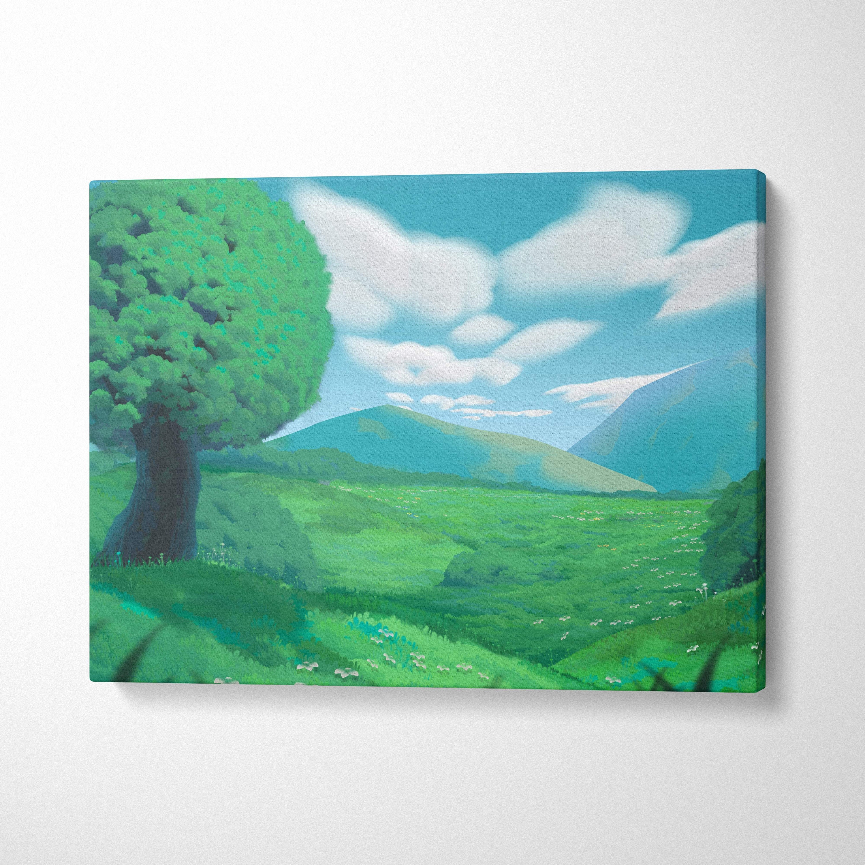Green meadow tree canvas wall art print with vibrant green landscape and blue sky for peaceful bedroom or nursery decor