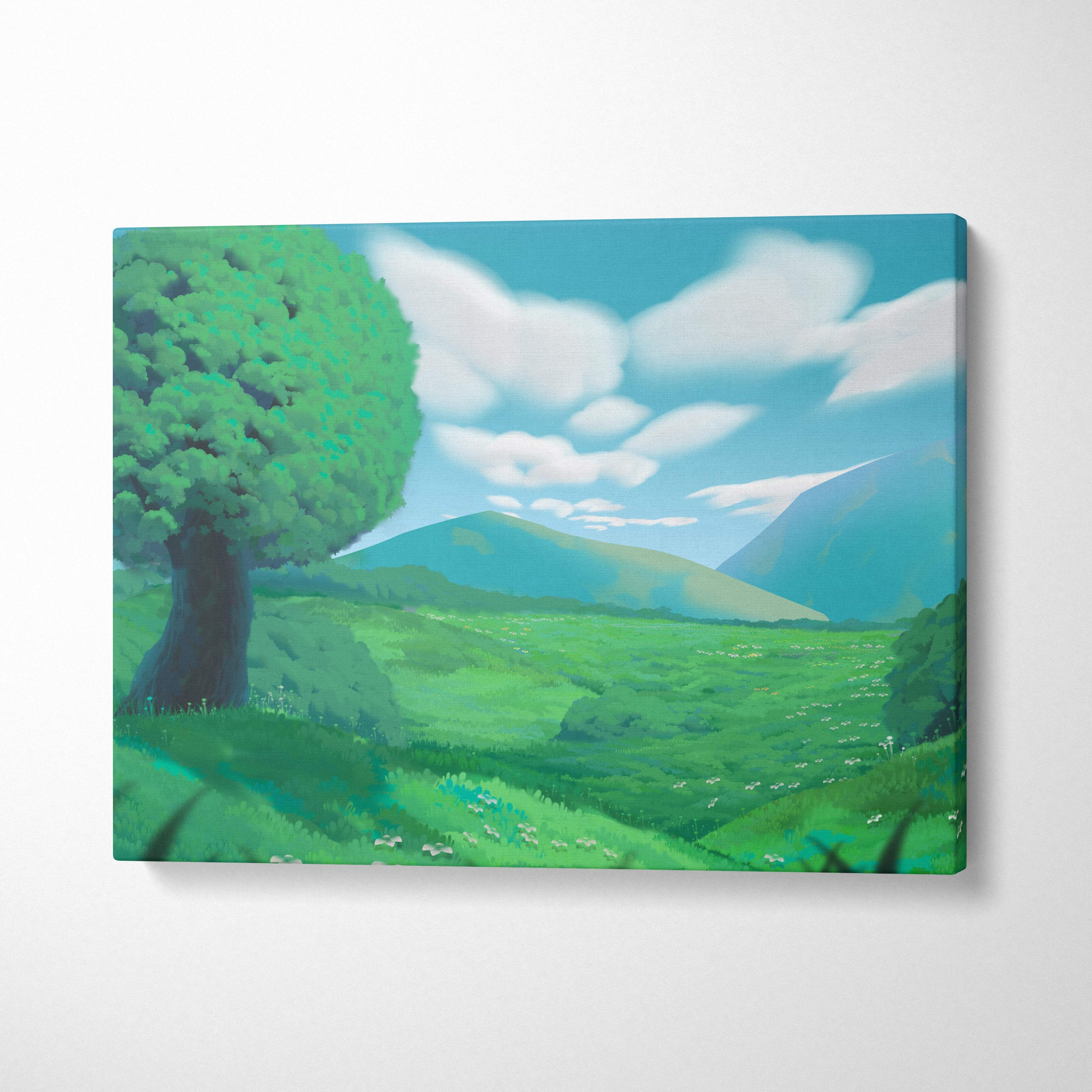 Green meadow tree canvas wall art print with vibrant green landscape and blue sky for peaceful bedroom or nursery decor