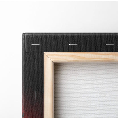Black canvas stretched over light wood frame with visible stitching shown from the back of dark samurai battle wall art