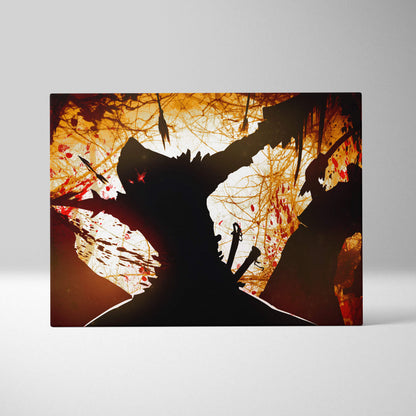 Black silhouette canvas print of a dark samurai battle scene with fiery red and orange splatters on white background
