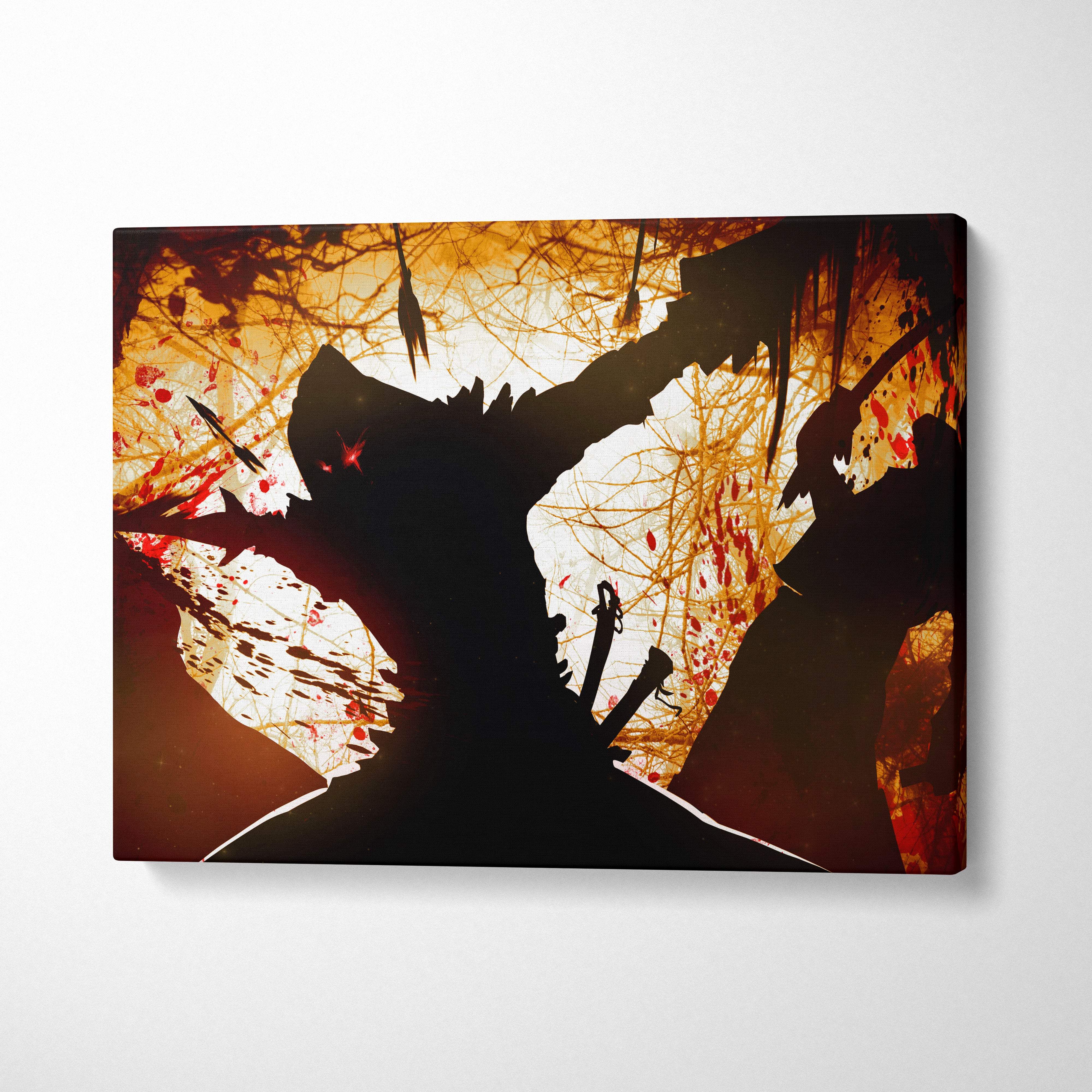 Dark samurai battle canvas wall art featuring black silhouette sword fight with fiery red and orange splatter effects