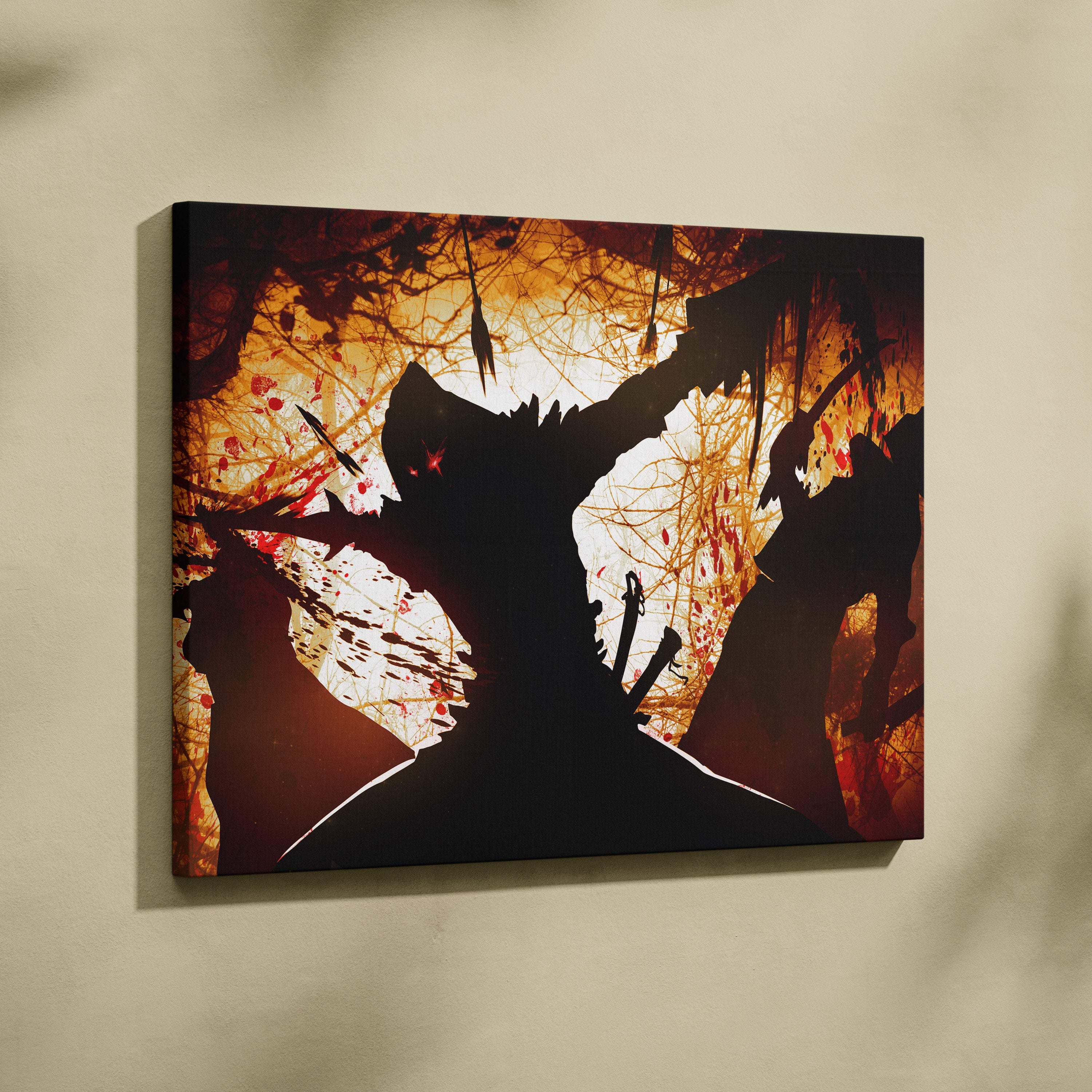 Dark samurai battle canvas wall art with fiery red splatters and black silhouette branches in gothic horror style