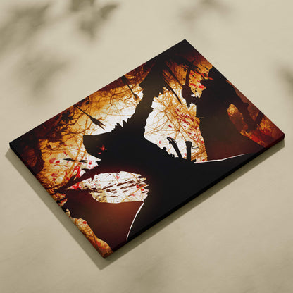 Dark samurai battle canvas wall art with intense red and black silhouette fight scene and gothic blood splatter decor
