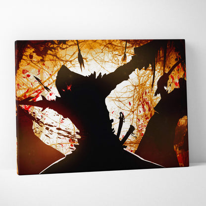 Dark samurai battle canvas wall art with black silhouette warrior and fiery red and orange splatter effects