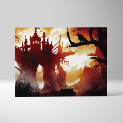 Dark gothic castle canvas wall art featuring a black silhouette castle and crow against fiery red sunset sky