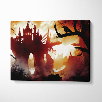 Dark gothic castle canvas wall art with black silhouette architecture and fiery red sunset moody horror decor print