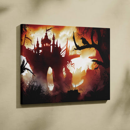 Dark gothic castle canvas wall art with black silhouette architecture against a fiery red sunset sky background