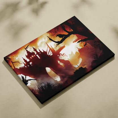 Dark gothic castle canvas wall art with black silhouette architecture against fiery red sunset and bare tree branches
