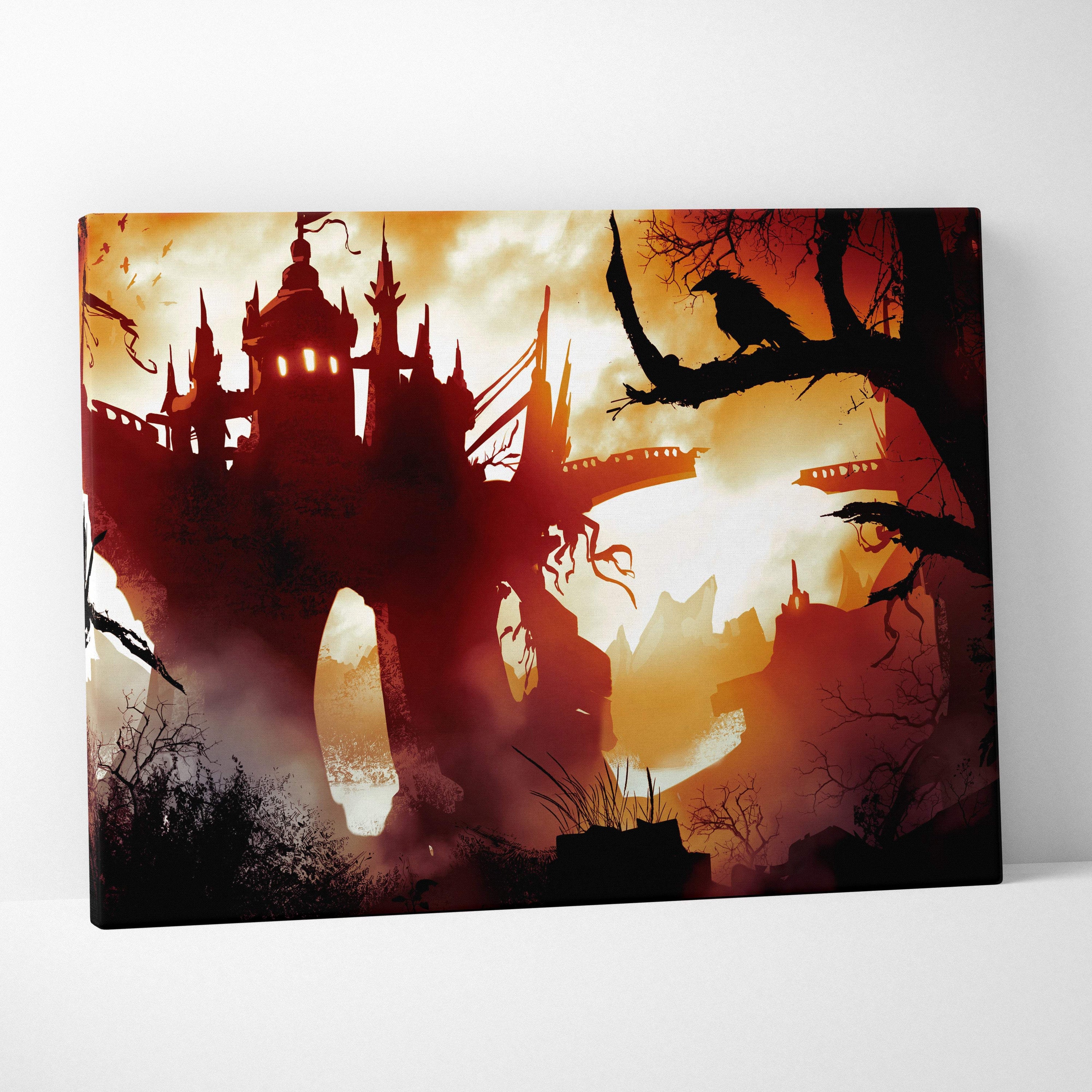 Dark gothic castle canvas wall art with black silhouette and fiery red sunset for moody horror decor
