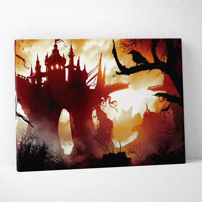 Dark gothic castle canvas wall art with black silhouette and fiery red sunset for moody horror decor