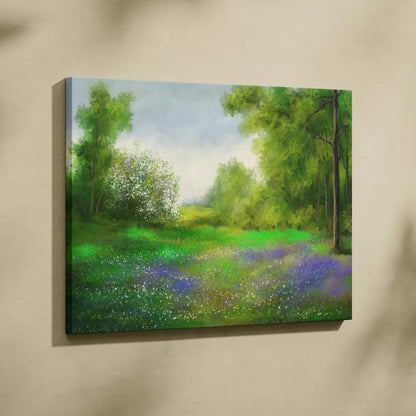 Vibrant impressionist canvas of lush green field, purple wildflowers, trees