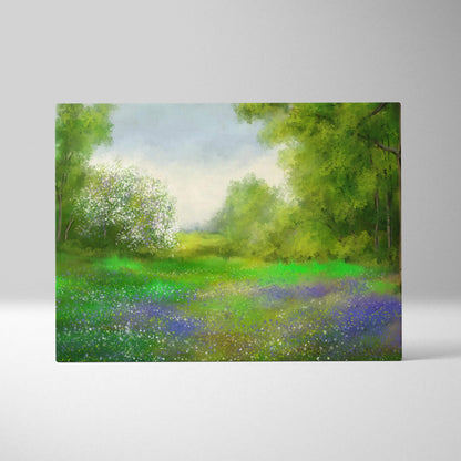 Vibrant impressionist Spring Meadow canvas with lush green trees and purple wildflowers