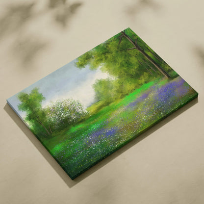 Spring Meadow canvas wall art with lush green trees and purple wildflowers