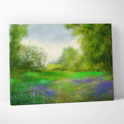 Spring Meadow canvas wall art with lush green trees and purple wildflowers