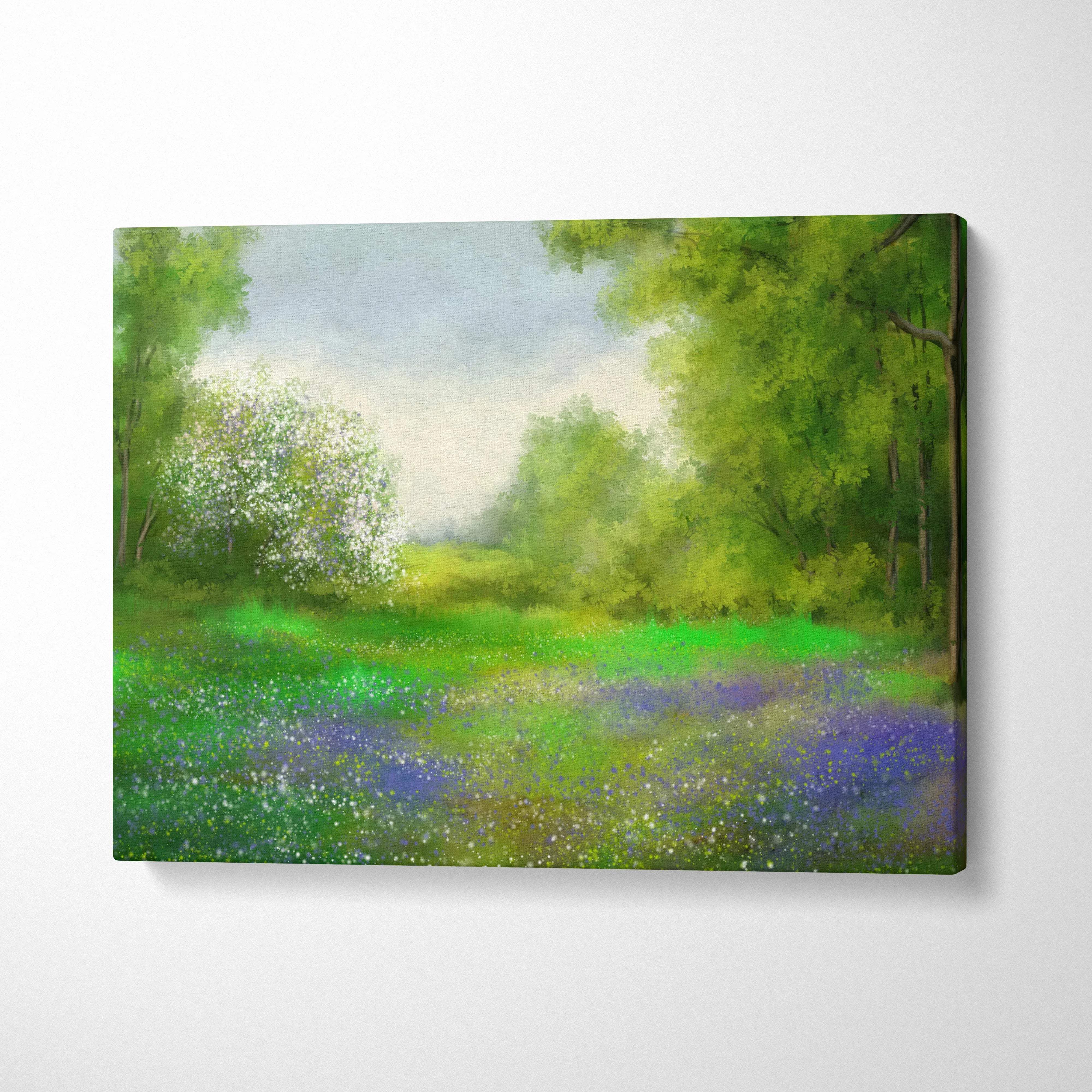 Spring Meadow canvas wall art with lush green trees and purple wildflowers