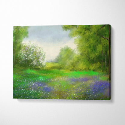 Spring Meadow canvas wall art with lush green trees and purple wildflowers