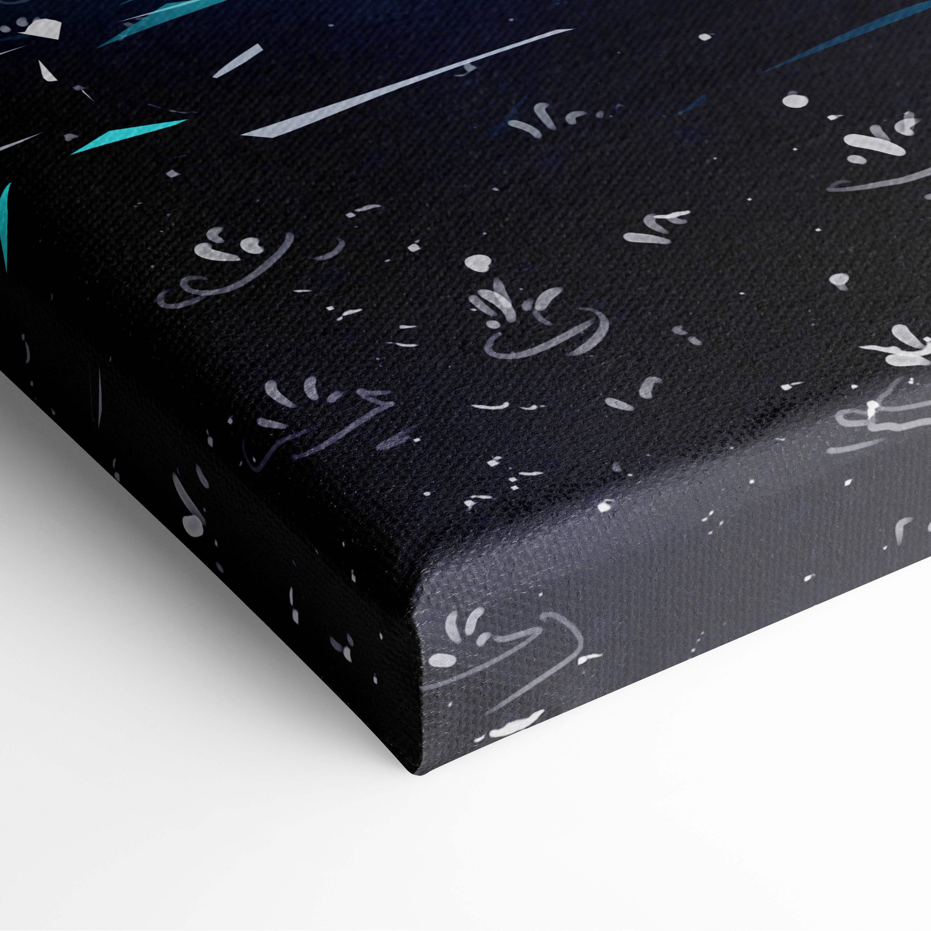 Black canvas print with abstract white and teal splatter patterns suitable for dreamy bedroom or cozy reading room decor
