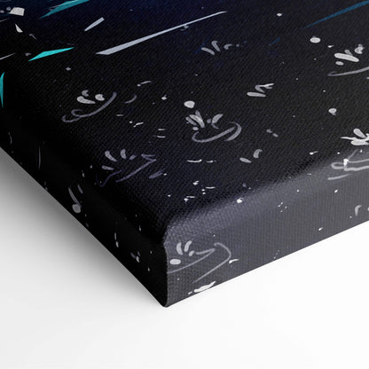 Black canvas print with abstract white and teal splatter patterns suitable for dreamy bedroom or cozy reading room decor