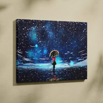 A rectangular canvas wall art print featuring a girl in red holding an umbrella under a blue starry cosmic sky