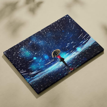Snowy night girl canvas wall art print showing a lone figure with blue umbrella against a starry cosmic backdrop